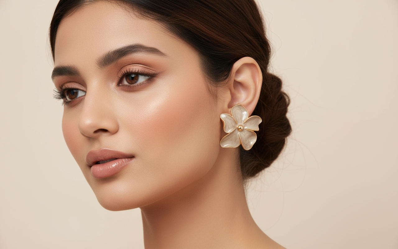 Golden Beige Floral Korean Stud Earrings