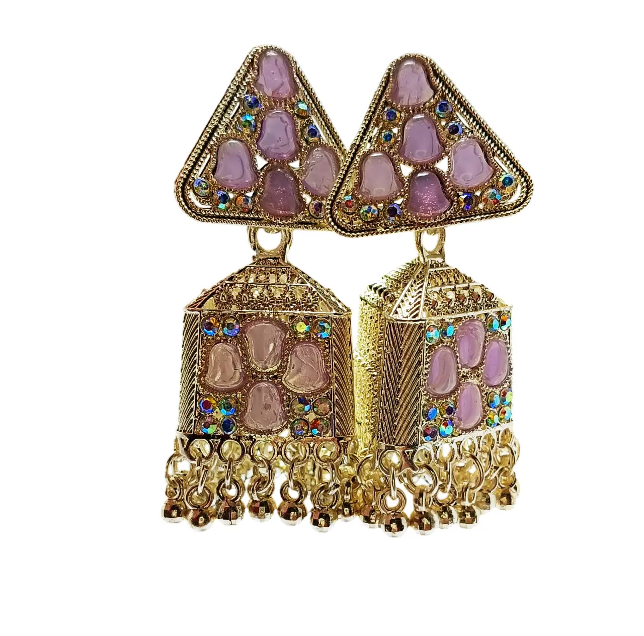 Traditional Purple  Stone & Crystal Studded Chandelier Drop Earrings
