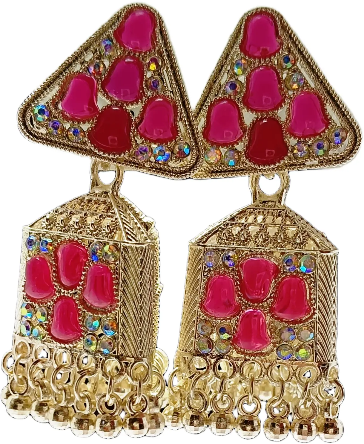 Traditional Pink Stone & Crystal Studded Chandelier Drop Earrings