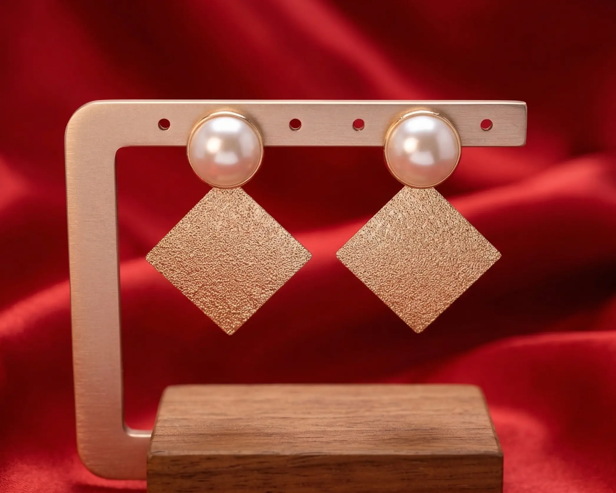 Modern Textured Gold Rhombus Pearl Earrings – Geometric Statement Drop Studs