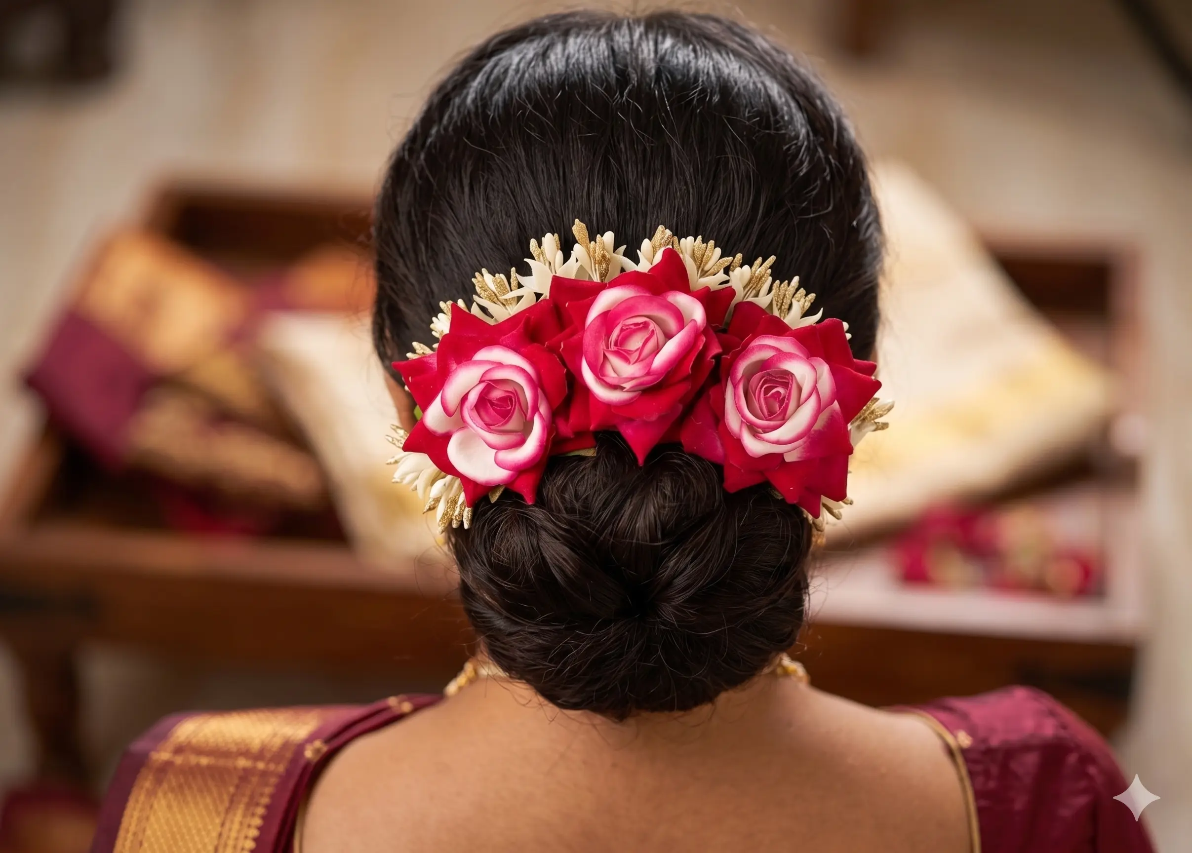 Dual-Tone Magenta Rose & Mogra Hair Bun Gajra